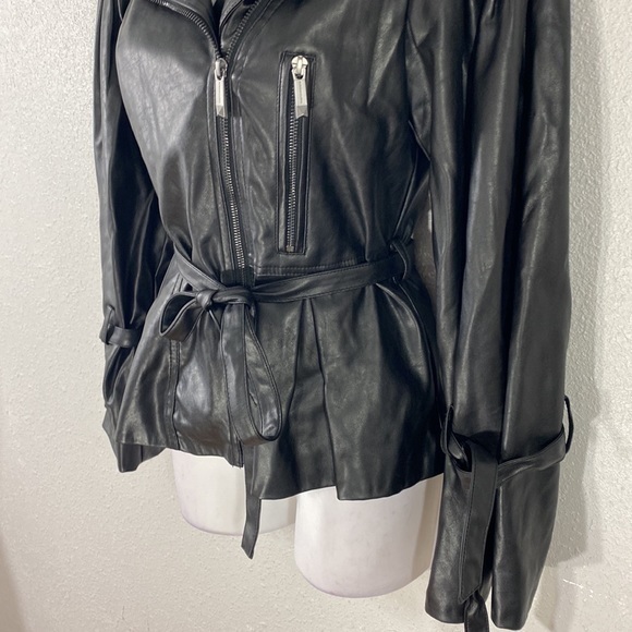 BCBGMaxazria Kinsley Black Vegan Leather Balloon Sleeve Belted Moto Jacket XS - Picture 8 of 16